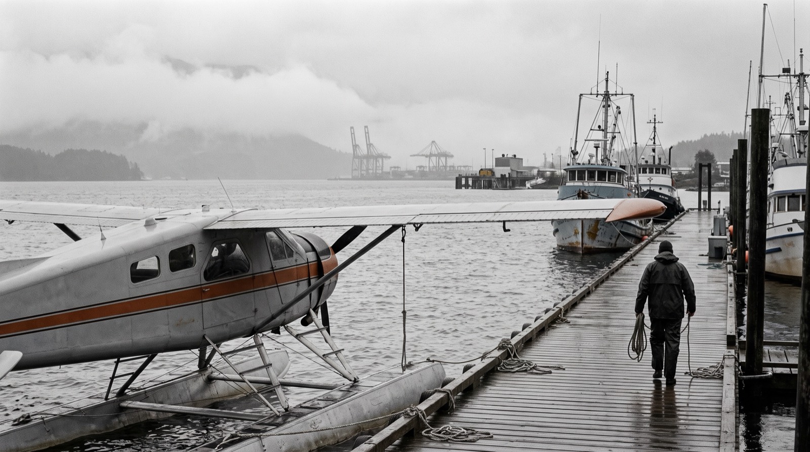 A working British Columbia harbour on an overcast morning: a floatplane with a faded rust-orange stripe tied at a wooden dock, work boats and a faint terminal in the marine haze beyond.