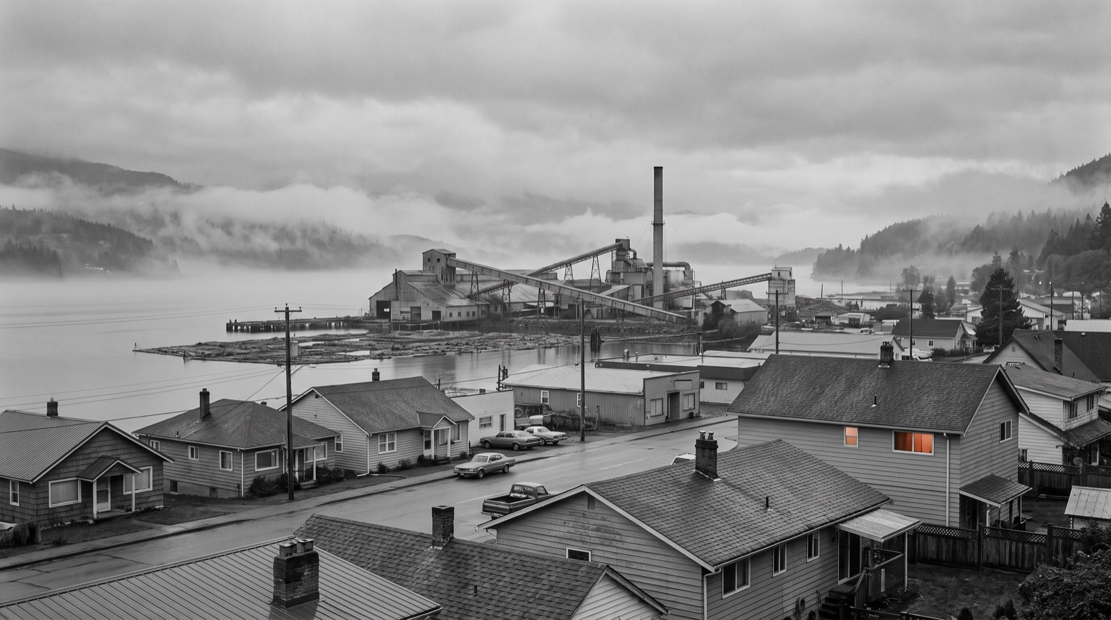 A small coastal British Columbia town at first light, a quiet mill by the water in the distance, fog in the valley, one warm window lit.