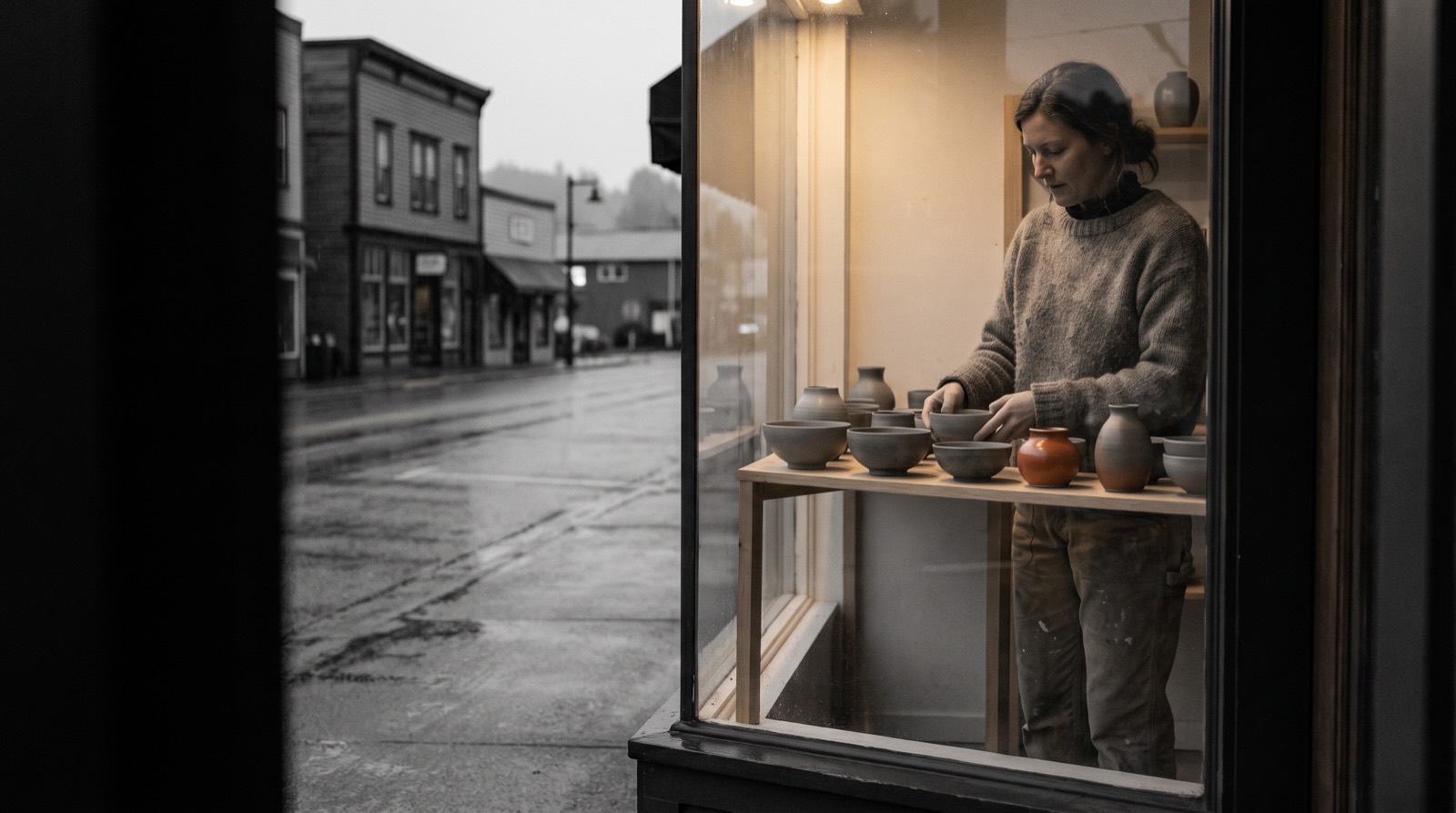 Through a lit storefront window at dusk on a small-town main street, a woman arranges handmade ceramics on a wooden shelf; the wet street reflects the light.