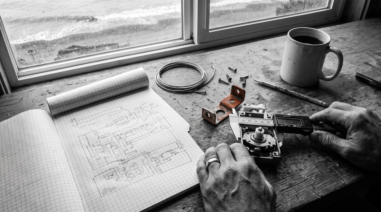 A scarred wooden workbench seen from above: an open notebook with a hand-drawn sketch, a caliper, a partly disassembled prototype with one small rust-orange component, a mug of coffee.