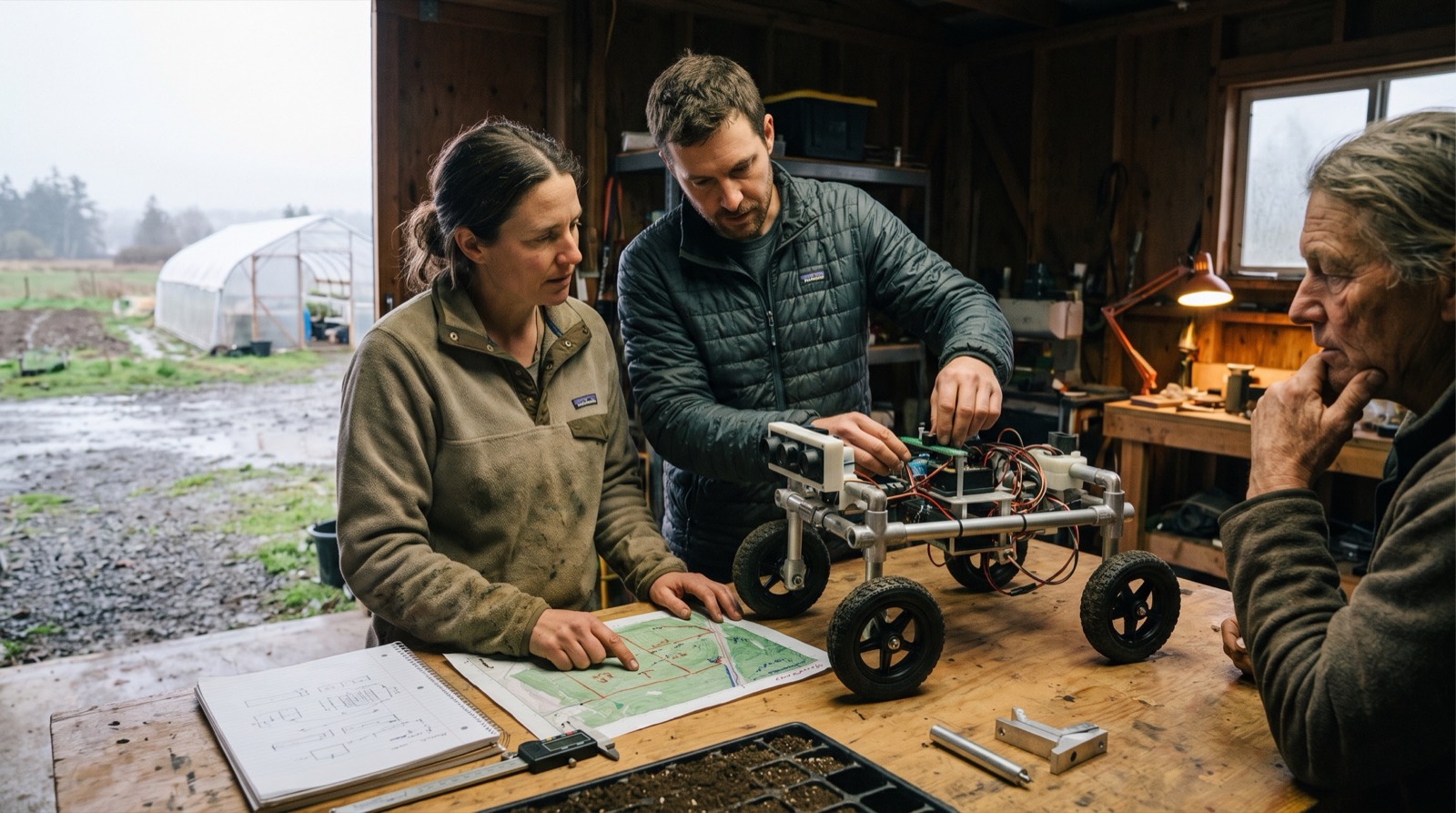 Two early founders and an experienced operator working on a small agricultural robotics prototype in a coastal farm workshop.
