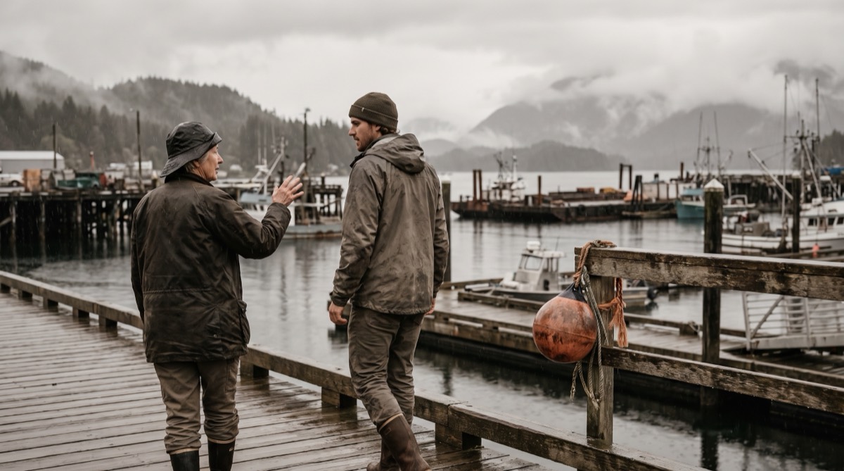 An experienced operator and a younger founder walking a working waterfront boardwalk in light rain, mid-conversation, a faded burnt-orange mooring buoy on the dock rail.