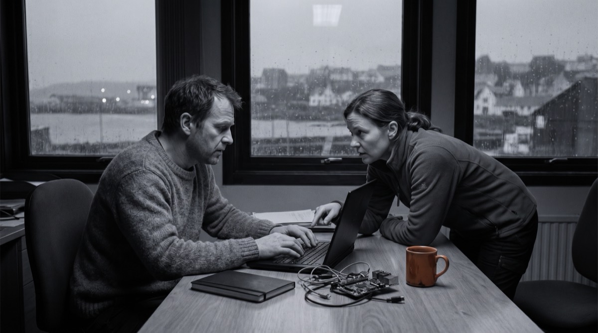 Two founders working late at a plain wooden table, one pointing at a laptop, a small hardware prototype and one burnt-orange mug between them, rain on the window.